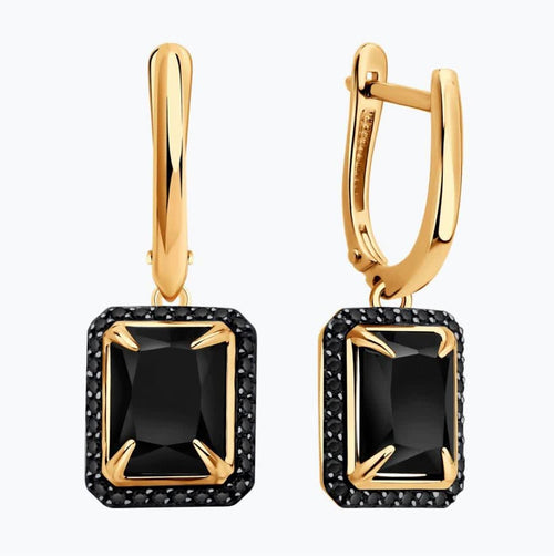 14K Gold Black Agate Dangle Earrings, Black Diamond Halo