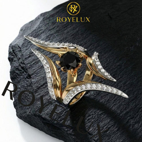 14K Gold Black Diamond Wrap Ring, Gothic Engagement Jewelry