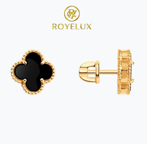 14K Gold Black Onyx Clover Stud Earrings, Minimalist Fine Jewelry